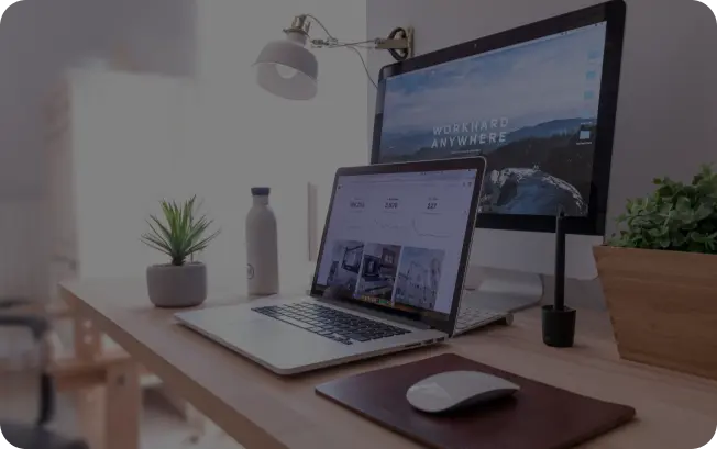 Laptop screen on a desk surrounded by green plants, showing a clean, modern workspace with natural elements.